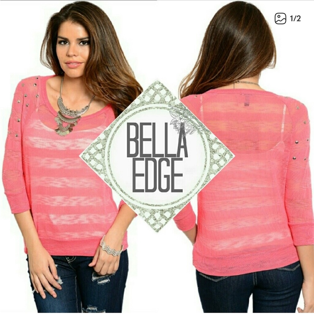 Coral Pink Knit Studded Scoop Neck 3/4 Sleeve Sweater
